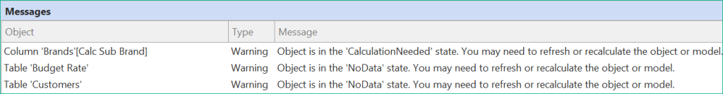 Messages view showing warnings for unprocessed objects, in this case a calculated column and two tables