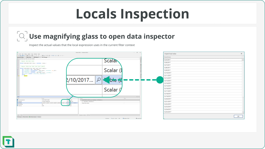 Use the magnifier to inspect the values in the Locals window.