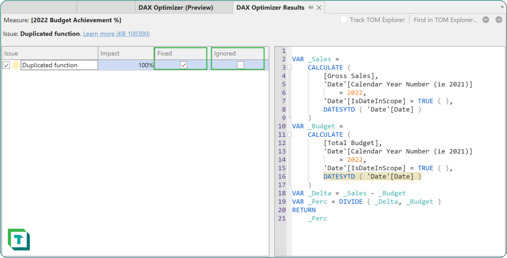 DAX Optimizer Integration now includes Fixed and Ignored check marks.