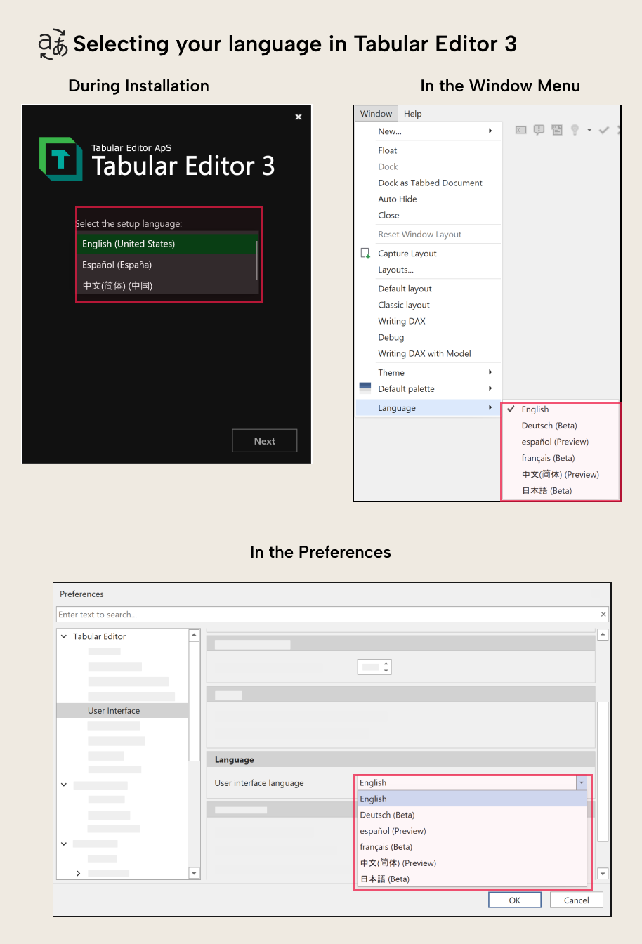 ML022 Figure 2 - Selecting a language for Tabular Editor 3 either during install, in the Window Menu or in Preferences