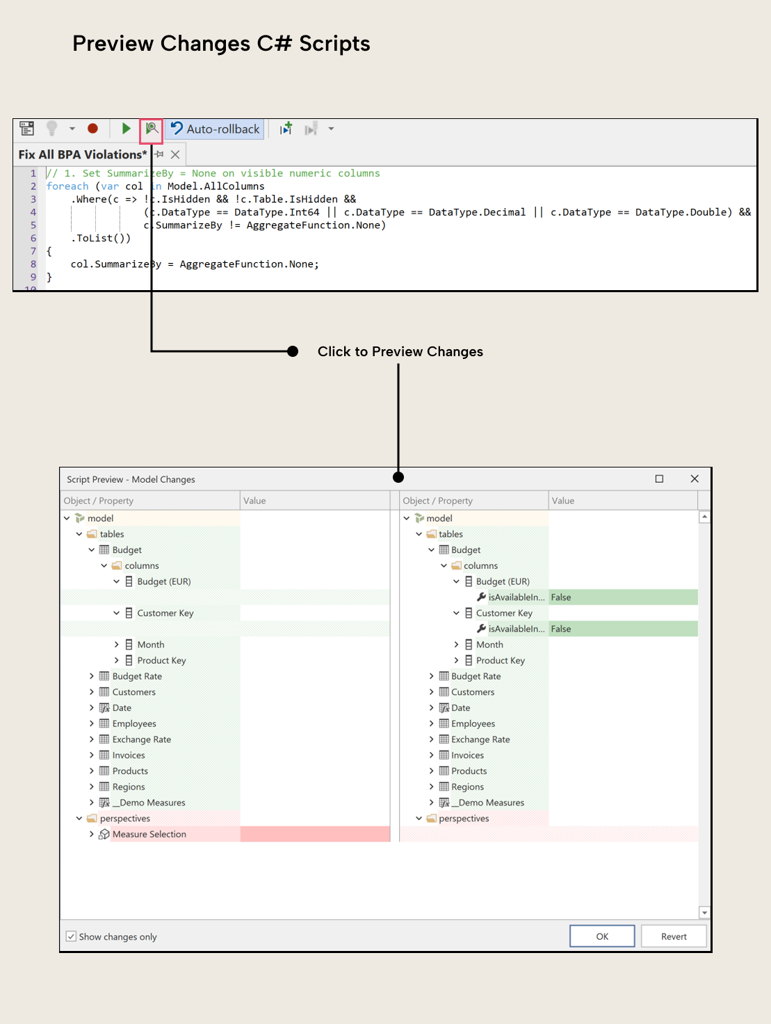 ML023 Figure 2 - The Preview Changes feature in Tabular Editor 3 for C# scripts, showing a script with a Fix All BPA Violations action at the top and a Script Preview dialog below displaying a tree of model changes with green and red highlighting for additions and removals across tables, measures, and columns