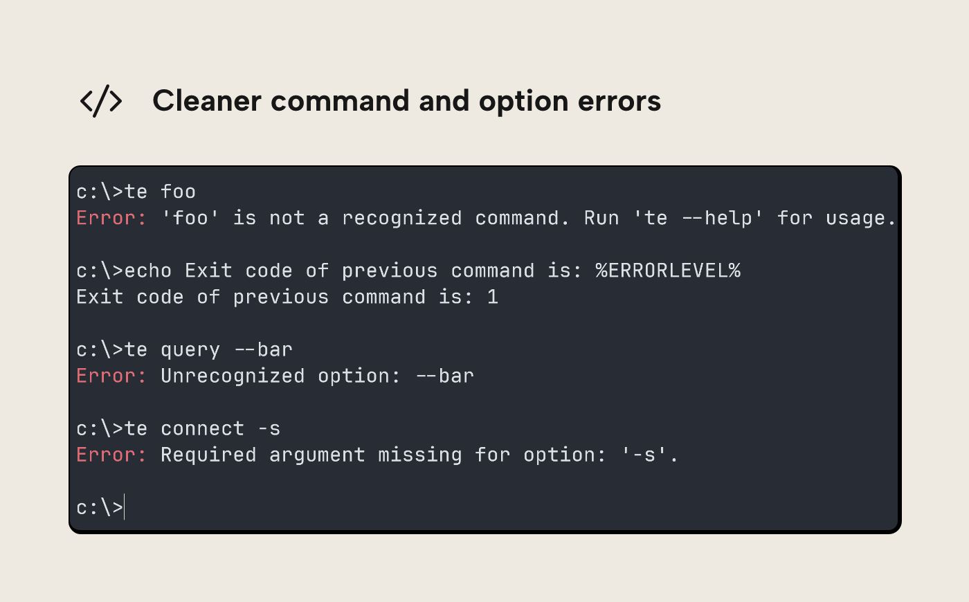 Screenshot of a Windows 11 cmd terminal showing non-existent ‘foo’ command and ‘bar’ option failing with distinct error messages, and echo %ERRORLEVEL% returning a non-zero exit code