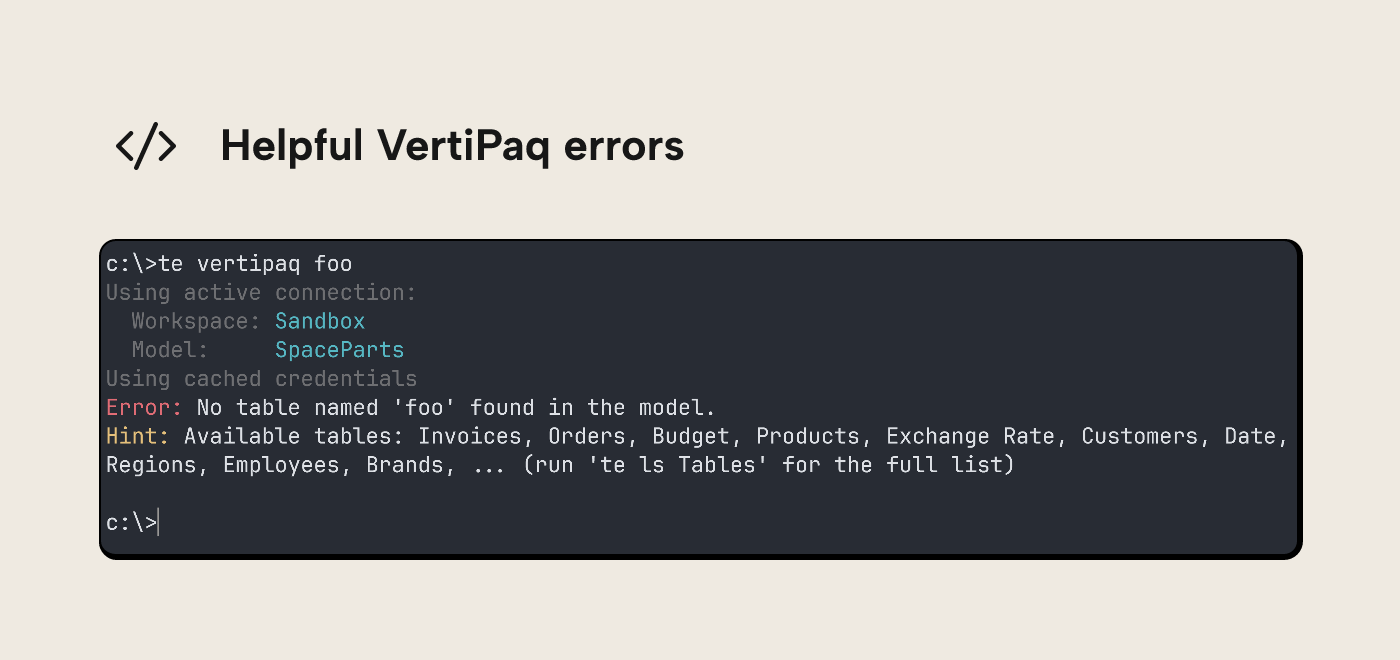 Screenshot of a Windows 11 cmd terminal showing te vertipaq foo failing with error message that no table named “foo” was found, and a hint of which tables are available