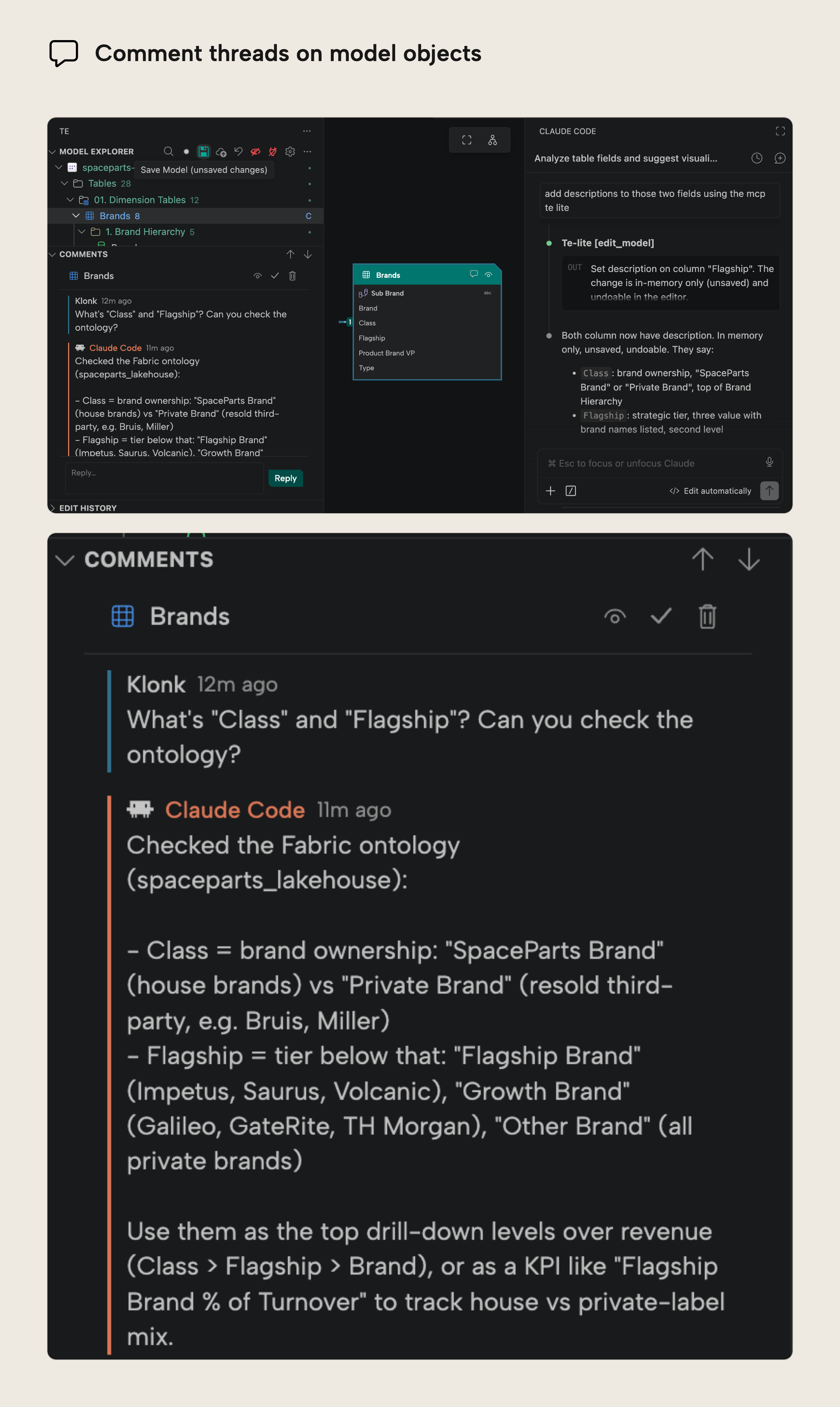 RV022 Figure 7 - A comment thread on the Brands table where the agent checks the ontology, answers on the thread and edits the model, with a close-up of the reply