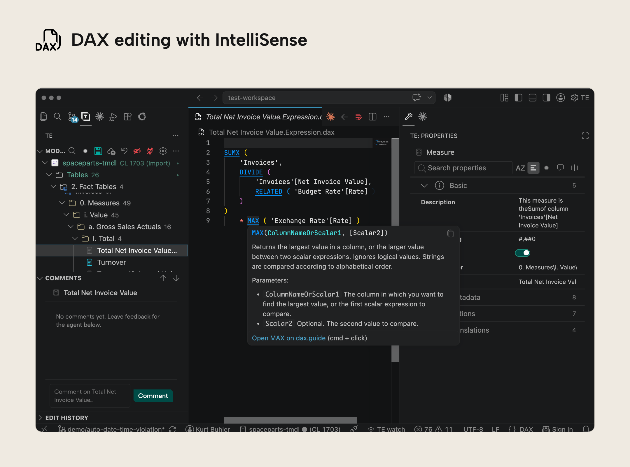 RV022 Figure 4 - A DAX measure open in the expression editor, with hover documentation for the MAX function and a link to dax.guide
