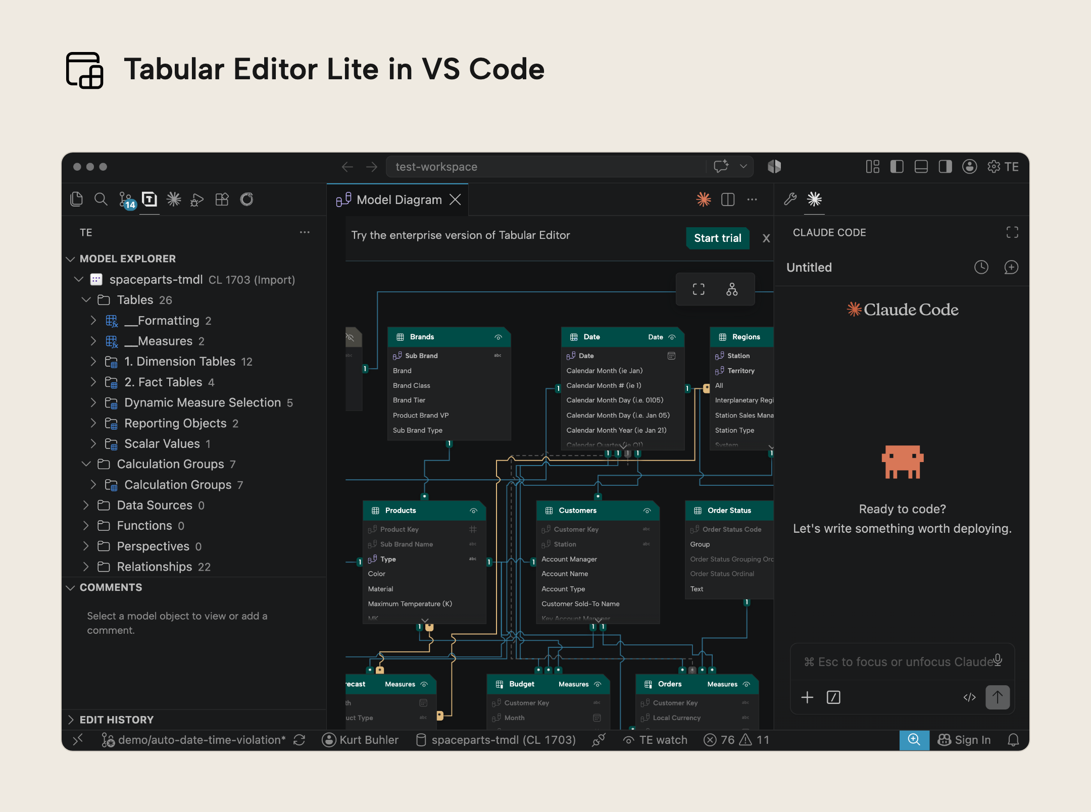 RV022 Figure 1 - Tabular Editor Lite open in VS Code, showing the Model Explorer, the Model Diagram, and the Claude Code panel side by side