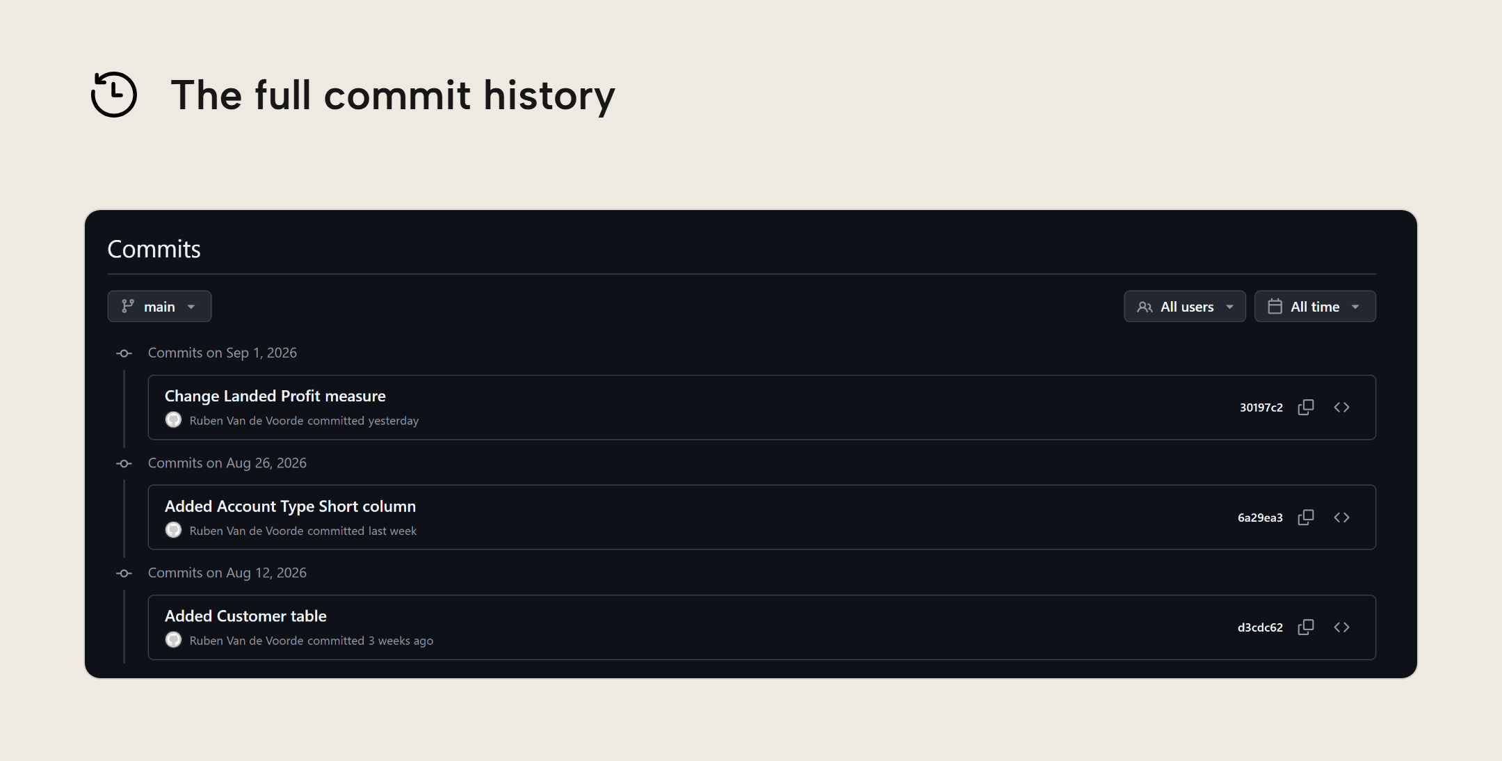 The repository commit history on GitHub, newest first: Change Landed Profit measure committed yesterday, Added Account Type Short column last week, and Added Customer table three weeks ago