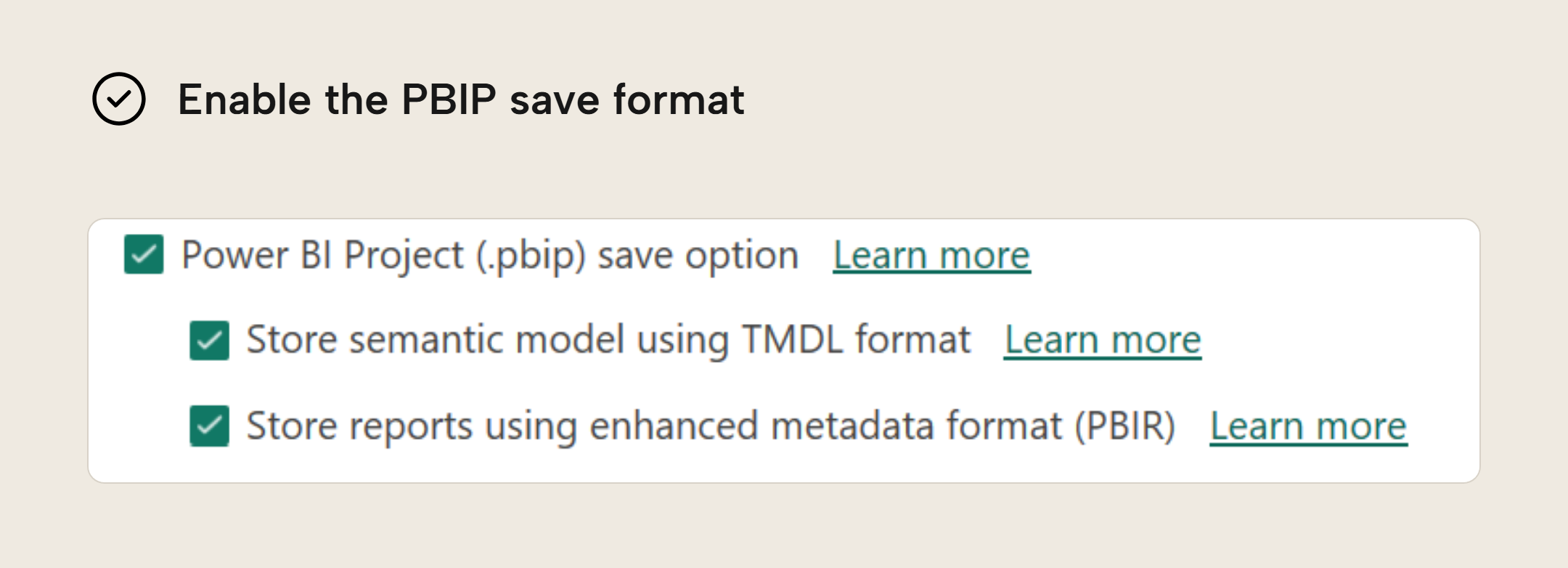 Power BI Desktop Options with the Power BI Project (.pbip) save option and its two child options, Store semantic model using TMDL format and Store reports using enhanced metadata format (PBIR), all ticked