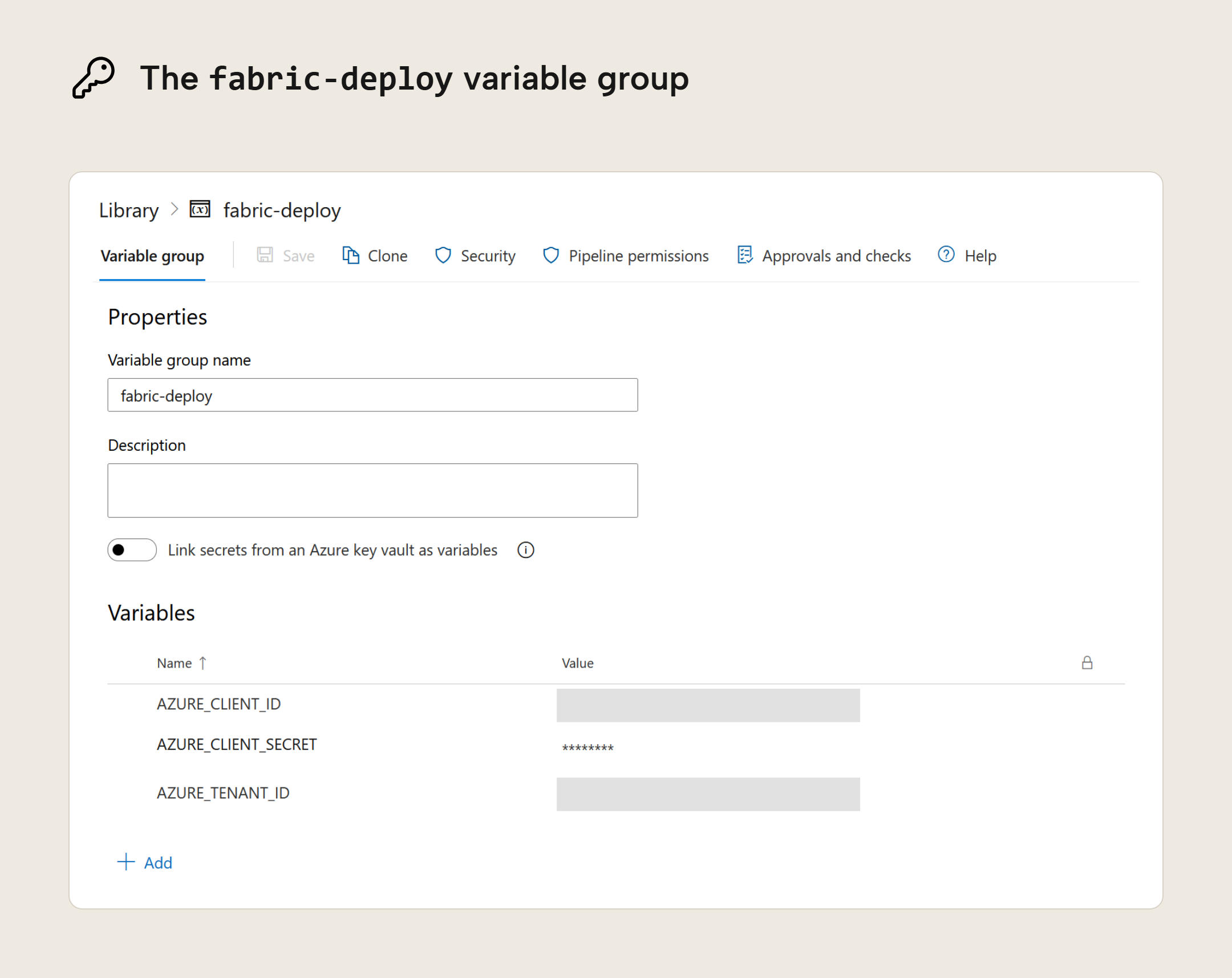 The fabric-deploy variable group in the Azure DevOps Library, with the variables AZURE_CLIENT_ID, AZURE_CLIENT_SECRET, shown as asterisks because it is marked secret, and AZURE_TENANT_ID; the client ID and tenant ID values are blanked out in the screenshot