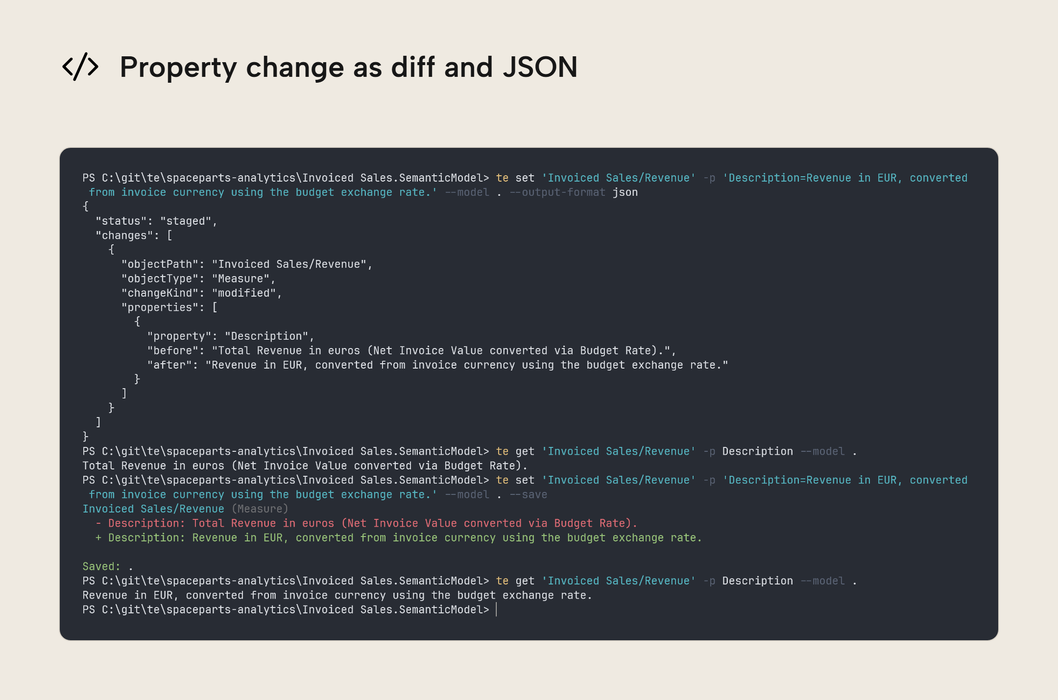 Screenshot of a Windows 11 PowerShell terminal showing the Revenue description diff, readback before and after --save, and the same change in JSON output