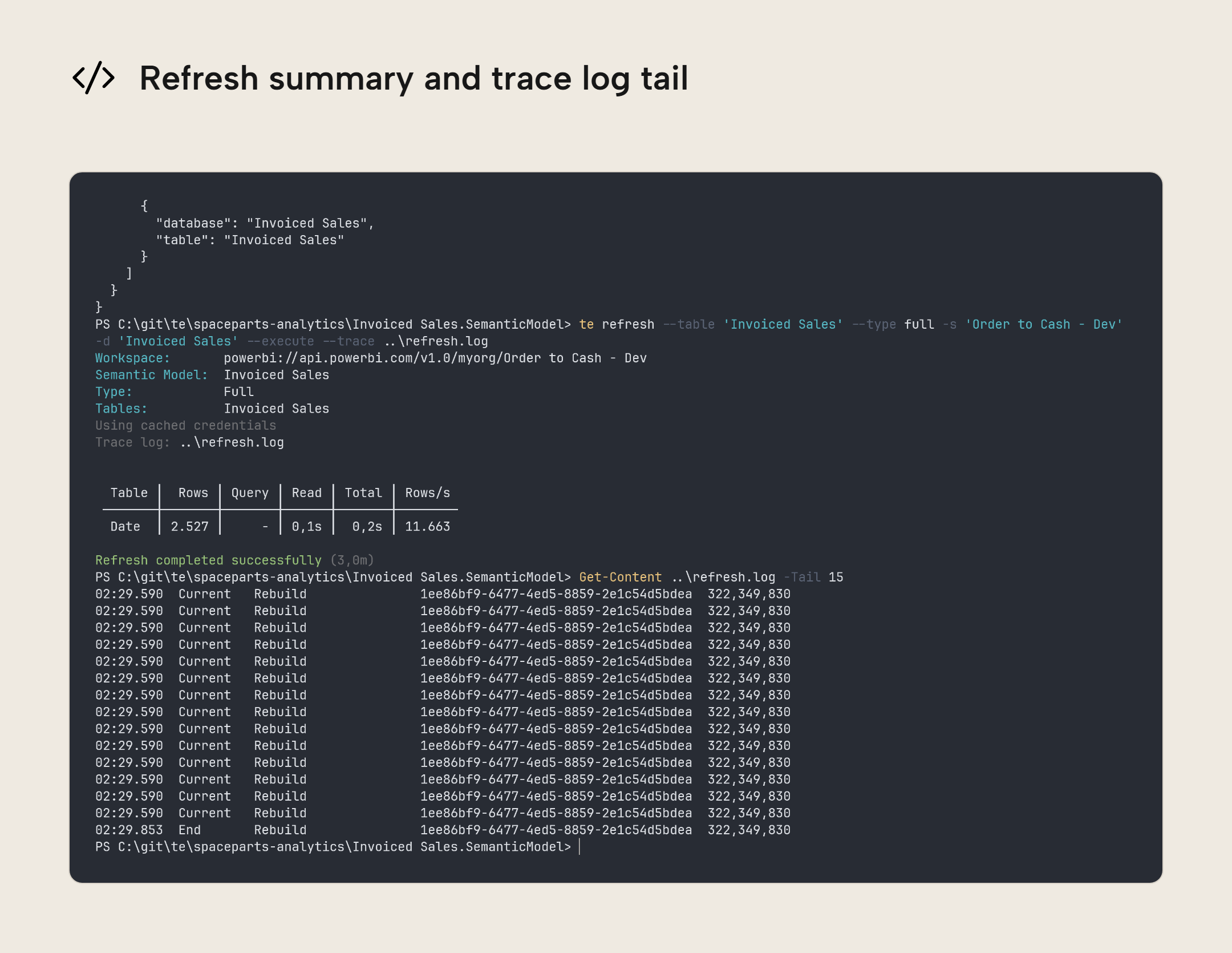 Screenshot of a Windows 11 PowerShell terminal showing the Invoiced Sales refresh summary for Order to Cash - Dev and the final captured trace events ending at End Rebuild