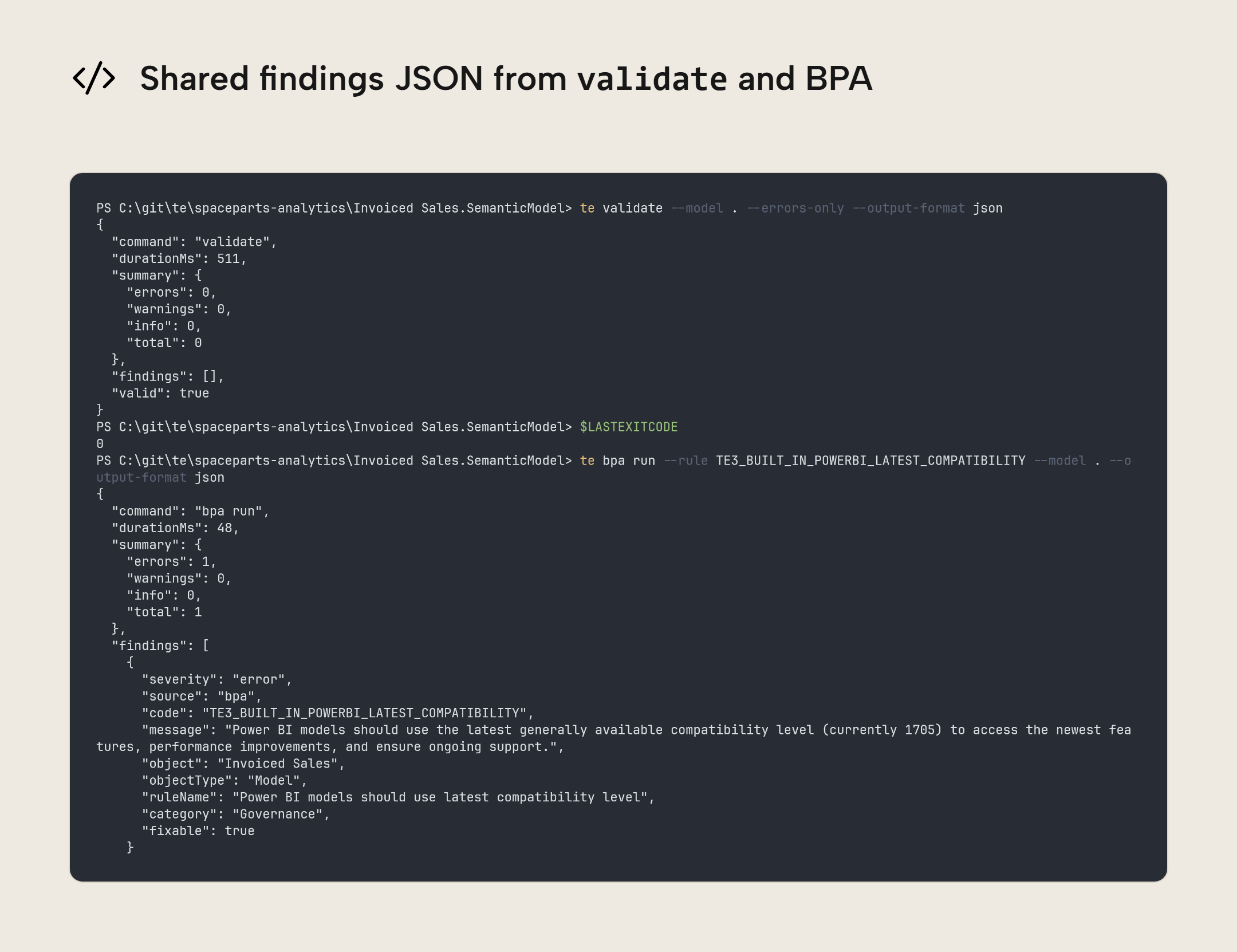 Screenshot of a Windows 11 PowerShell terminal showing the summary and findings fields from validation and BPA JSON for Invoiced Sales
