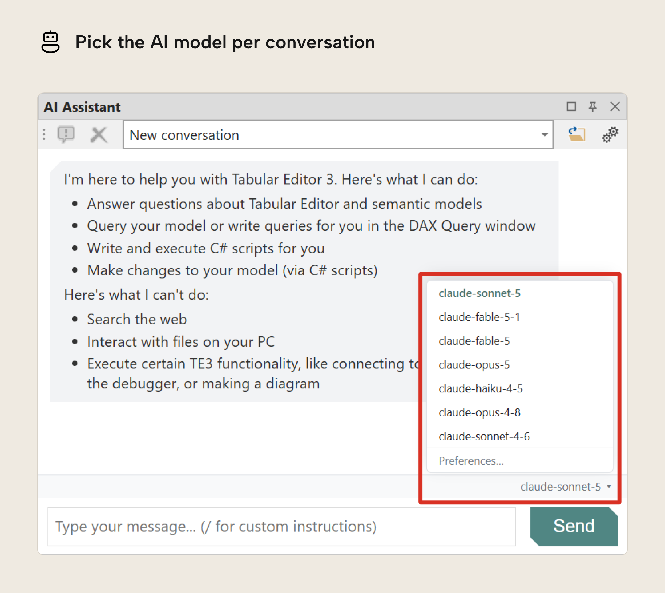 The AI Assistant pane with the model picker open above the message box. It lists the available Claude models and a Preferences entry, with claude-sonnet-5 as the active model.
