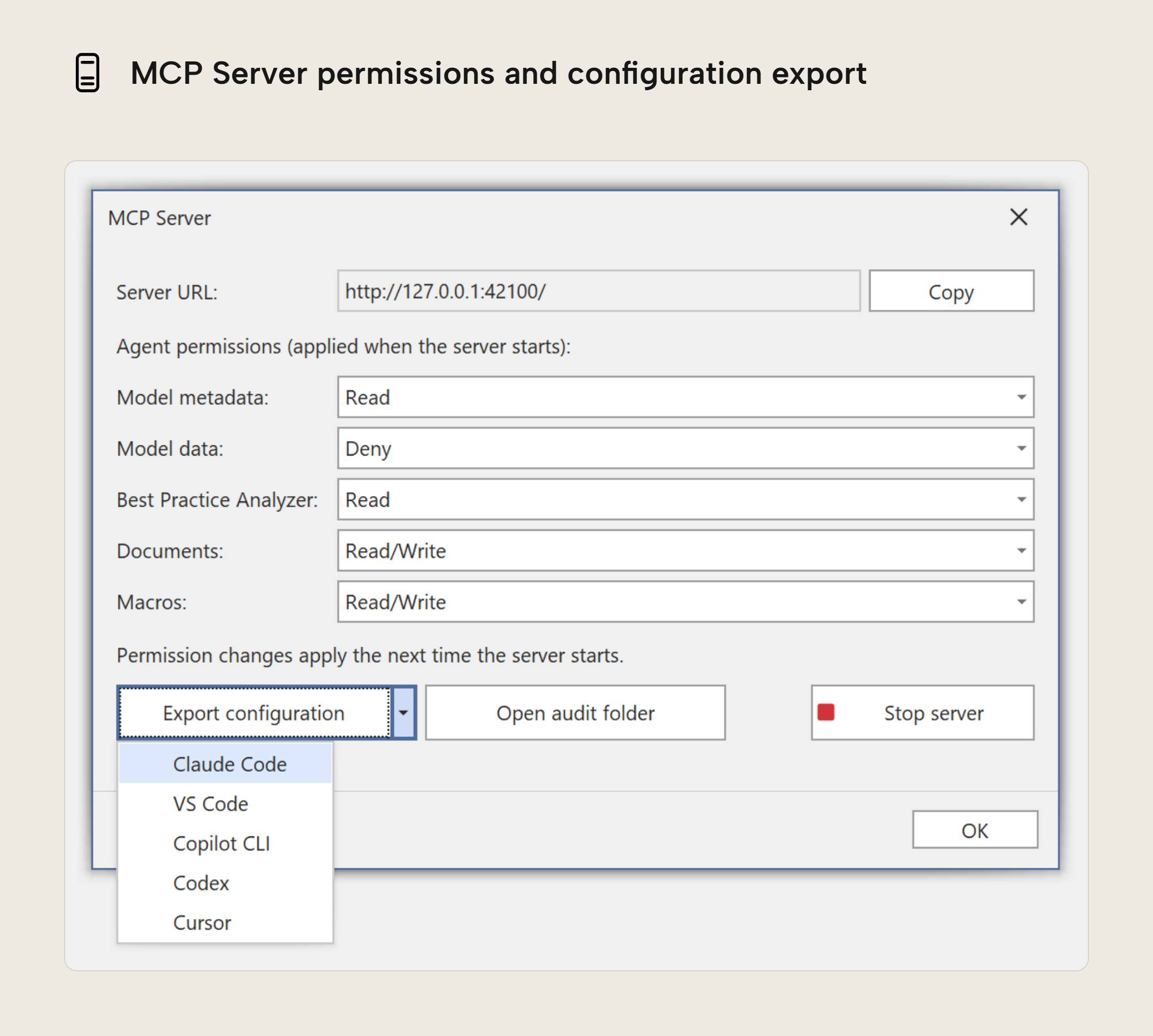 The MCP Server dialog with a permission level set for each category and the Export configuration menu open, listing Claude Code, VS Code, Copilot CLI, Codex and Cursor.