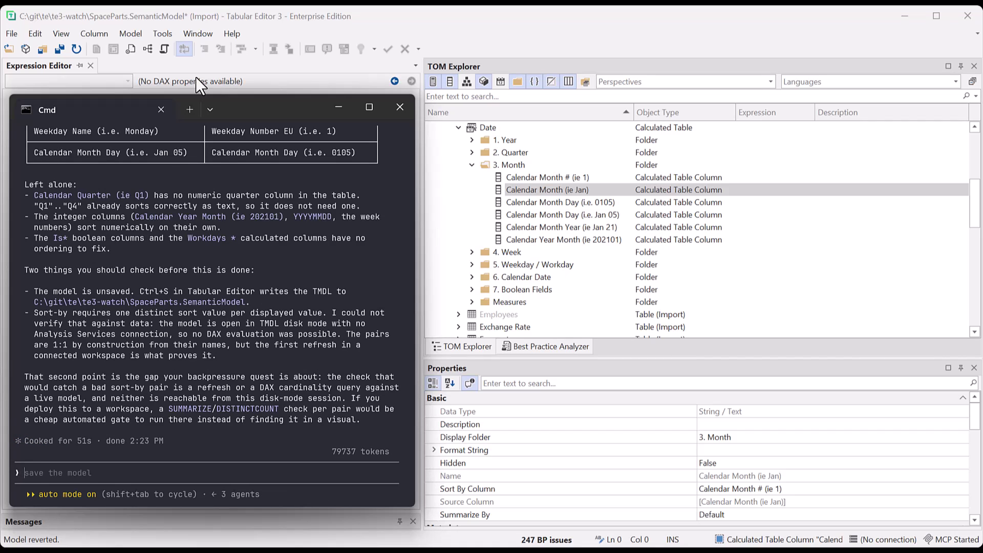 The Calendar Month column selected in the TOM Explorer, with Sort By Column set to Calendar Month # in the Properties pane. Still from the preview-build recording.