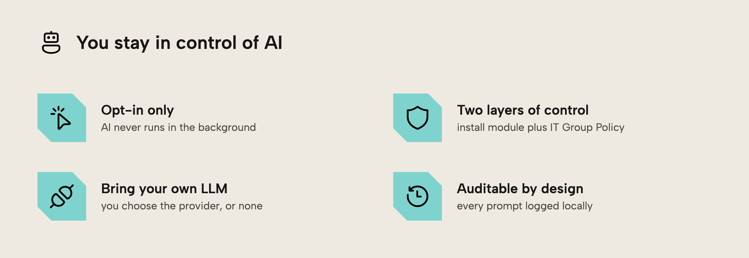 Four ways you stay in control of AI in Tabular Editor 3: opt-in only, two layers of control, bring your own LLM, and auditable by design