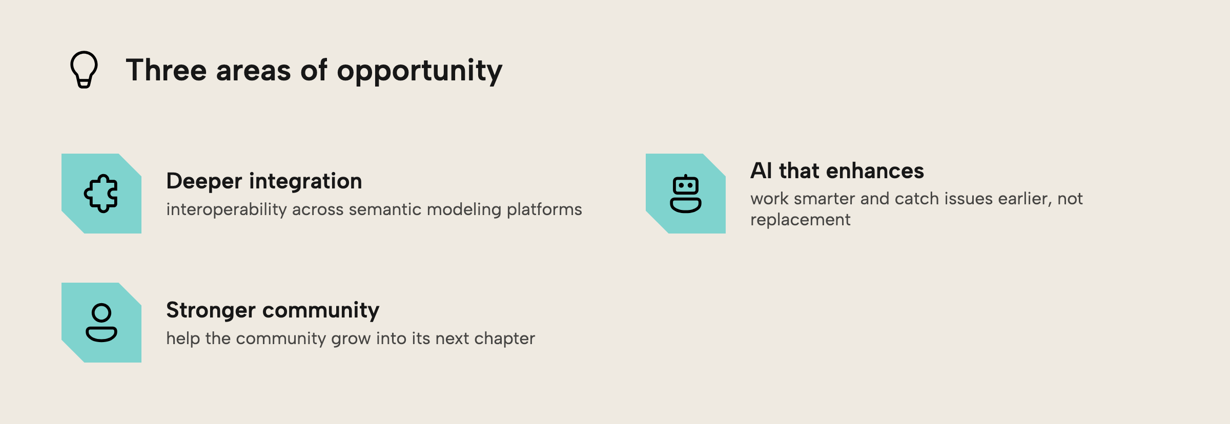 Three areas of opportunity Jeroen sees for Tabular Editor: deeper integration across semantic modeling platforms, AI that enhances developers' work rather than replacing it, and a stronger, more connected community
