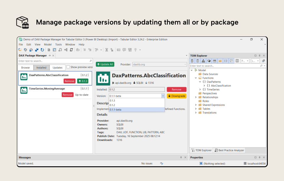 RV001 Figure 14 - A diagram titled 'Manage package versions by updating them all or by package' and a screenshot of a Tabular Editor 3 showing package version management in DAX Package Manager