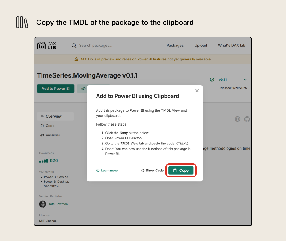 RV001 Figure 5 - Copying the TMDL script from DAX Lib website to paste into Tabular Editor for installing DAX function packages