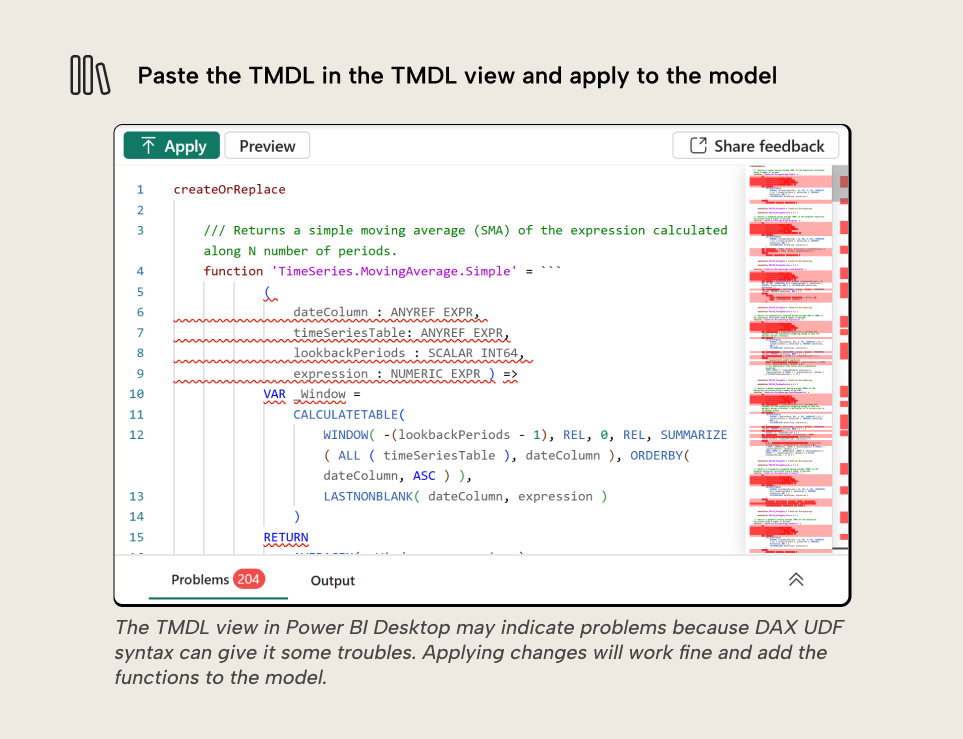 RV001 Figure 6 - You paste the TMDL script from DaxLib into the TMDL view to get the DAX function library in your model. The TMDL view has difficulties with the UDF syntax