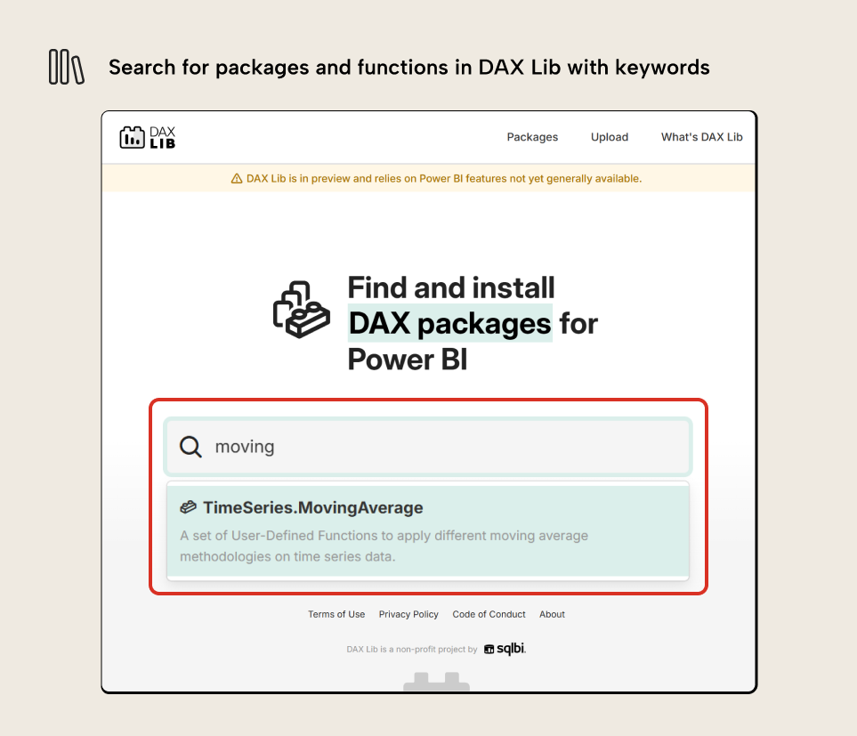 RV001 Figure 3 - DAX Lib website search interface showing how to find and install DAX packages for Power BI, with a search for 'moving' returning the TimeSeries.MovingAverage package