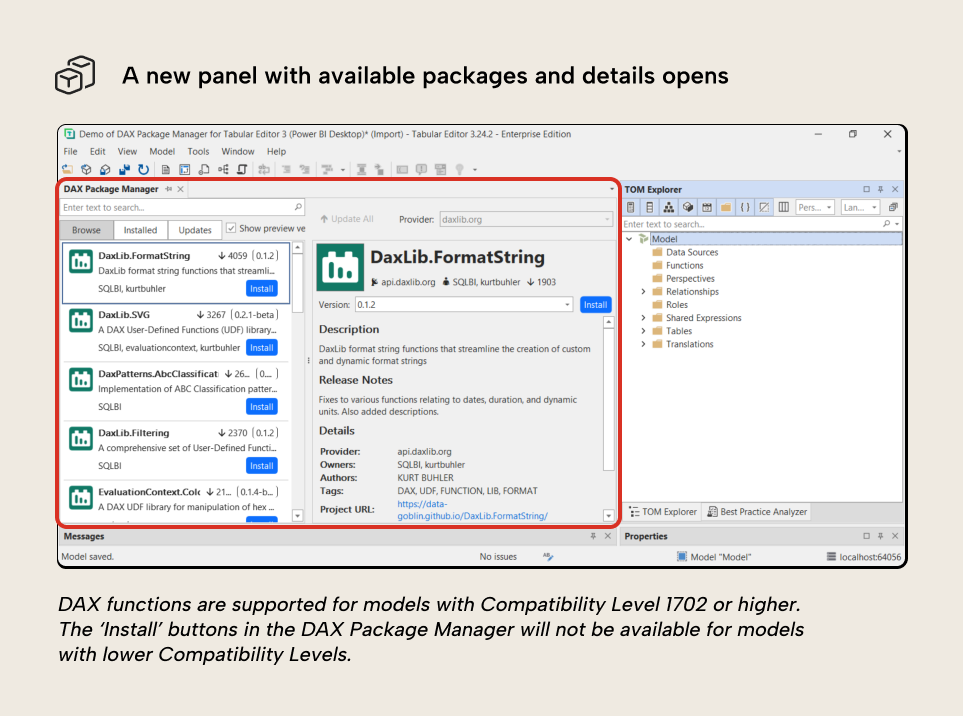 RV001 Figure 8 - Installing the TimeSeries.MovingAverage package in Tabular Editor 3 from the DAX Package Manager