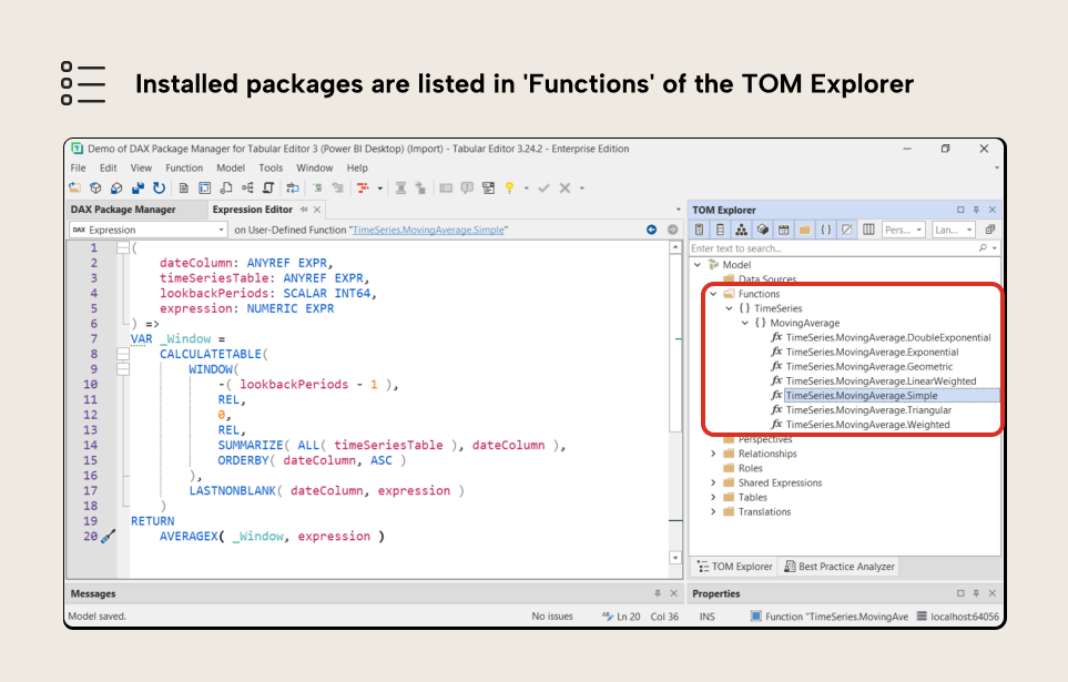 RV001 Figure 10 - An example of the installed DAX function packages in Tabular Editor 3. DAX functions are shown, organized by their “namespaces”