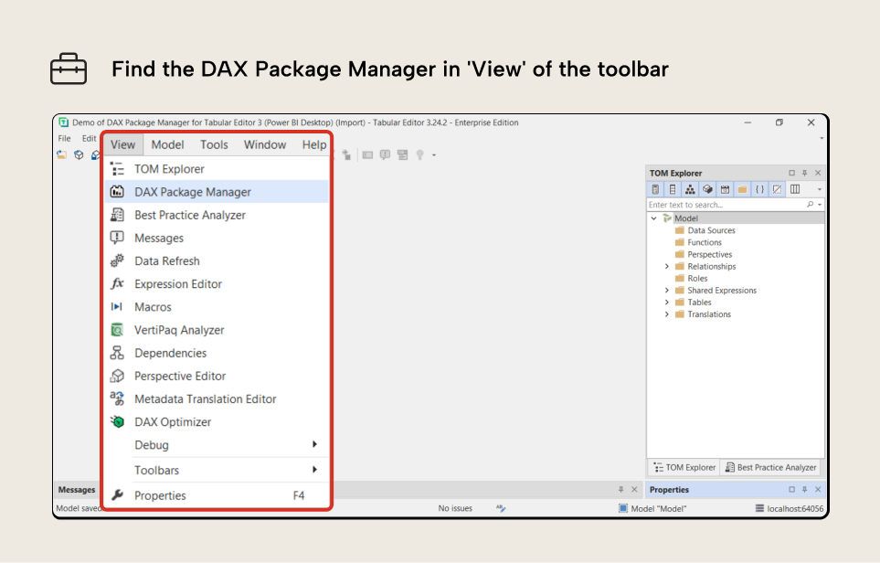 RV001 Figure 7 - DAX Package Manager interface in Tabular Editor 3 showing the Browse tab with available packages from daxlib.org provider