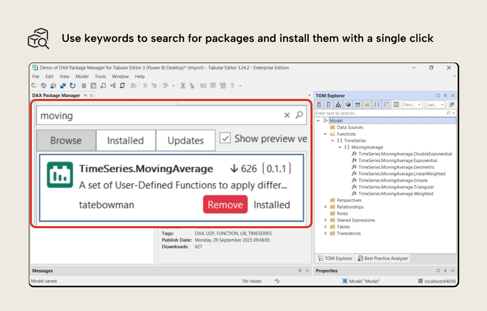 RV001 Figure 9 - TOM Explorer in Tabular Editor 3 showing installed DAX functions from the TimeSeries package in the Functions folder