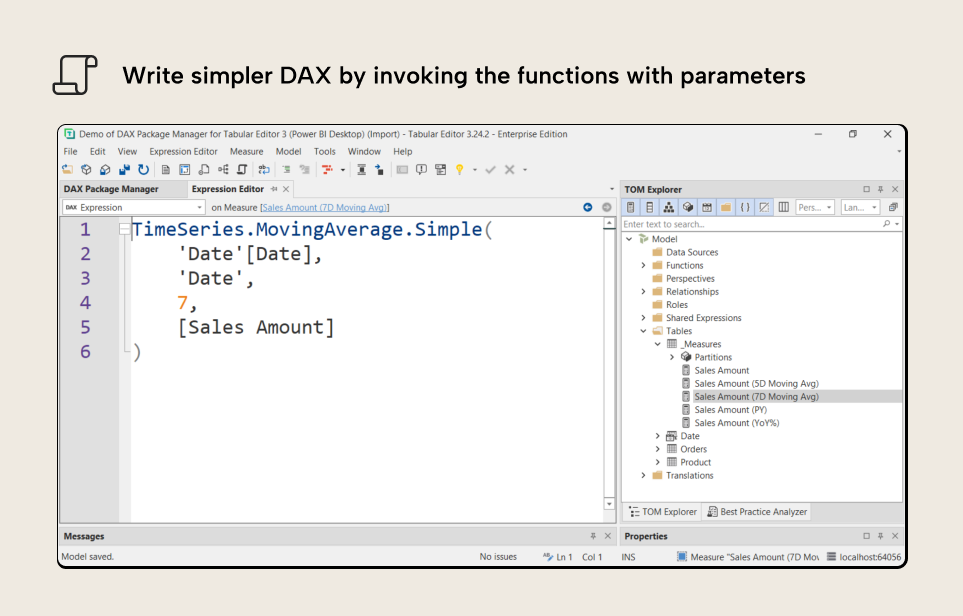 RV001 Figure 11 - Creating a measure in Tabular Editor 3 using the TimeSeries.MovingAverage.Simple user-defined function with parameters for date column, time series table, lookback periods, and expression