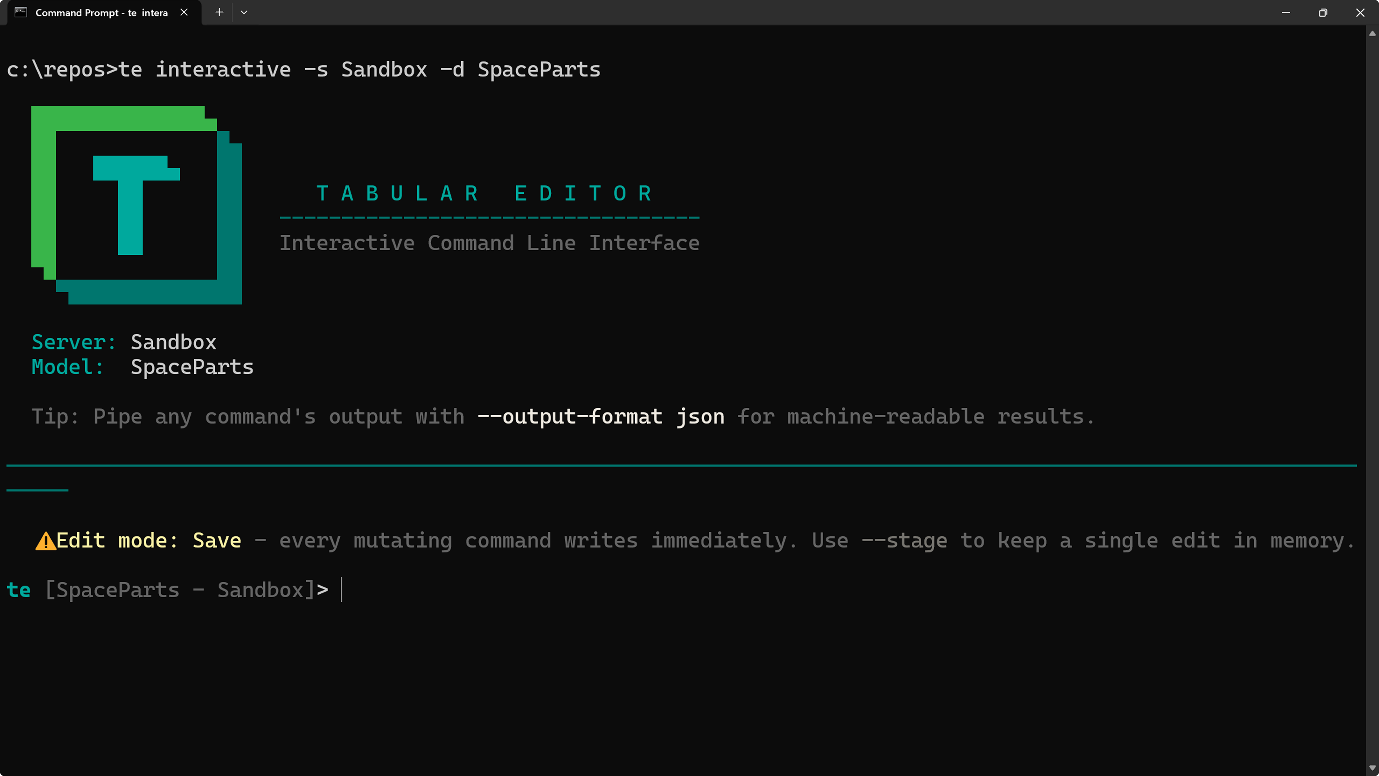 RV016 Figure 2 - The Tabular Editor CLI interactive mode session, where commands like ls, find, and query run against a connected model without the te prefix