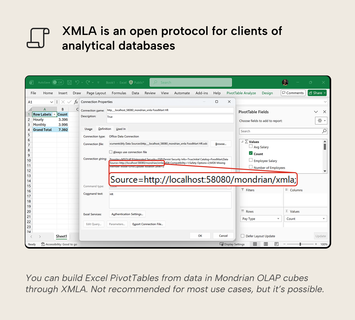 RV013 Figure 2 - Excel PivotTable connected to a Mondrian OLAP cube through XMLA, showing the connection string in the Connection Properties dialog. XMLA is an open protocol that works beyond Power BI