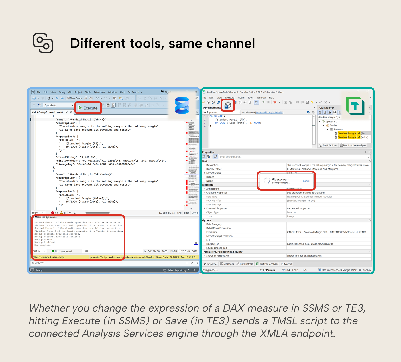 xmla-same-channel Side-by-side view of SSMS and Tabular Editor 3 editing the same DAX measure. Both tools send TMSL scripts to the Analysis Services engine through the XMLA endpoint